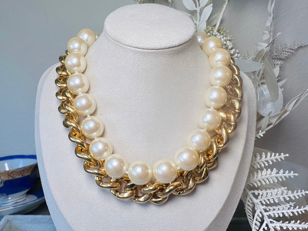 Vintage Carolee Necklace, Double Strand Pearl and Gold Chain Necklace with Intricate Scroll Detail and Hook Closure, Etruscan Pearl Necklace