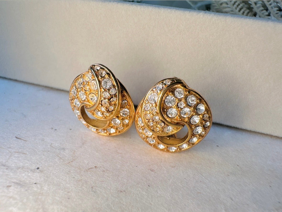 Vintage Monet Gold Knot Earrings with Diamond Rhinestones, Elegant Cocktail Clip On Earrings