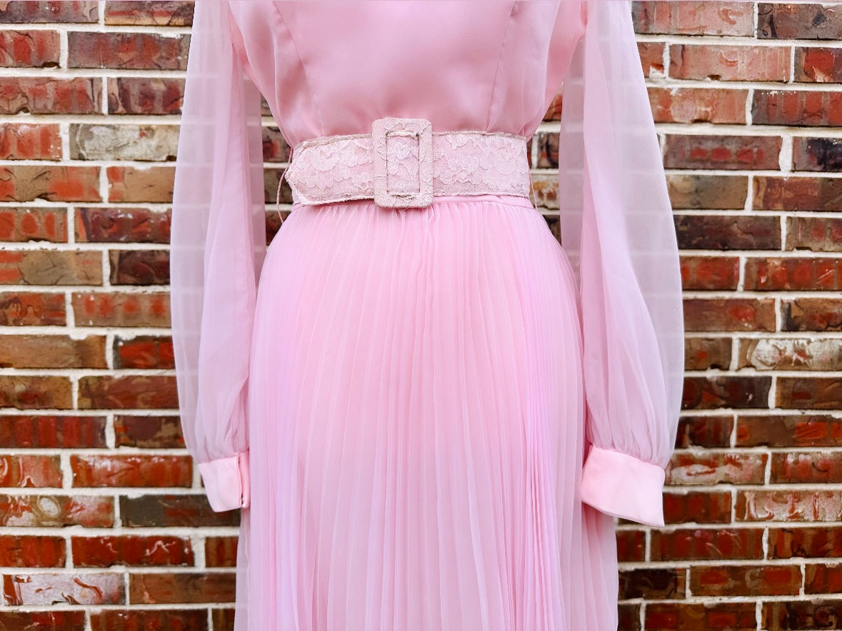 Cotton Candy Pink Vintage 60s Party Dress,  Gorgeous True VTG Chiffon Dress w Poets Sleeve & Lace Belt, Accordion Pleated Skirt Size Small