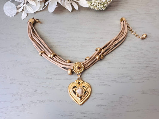 Vintage Etruscan Necklace, Unique Multistrand Necklace with Matte Gold Heart Pendant and Jewel Accents, Robert Rose Layered Look Maximalist