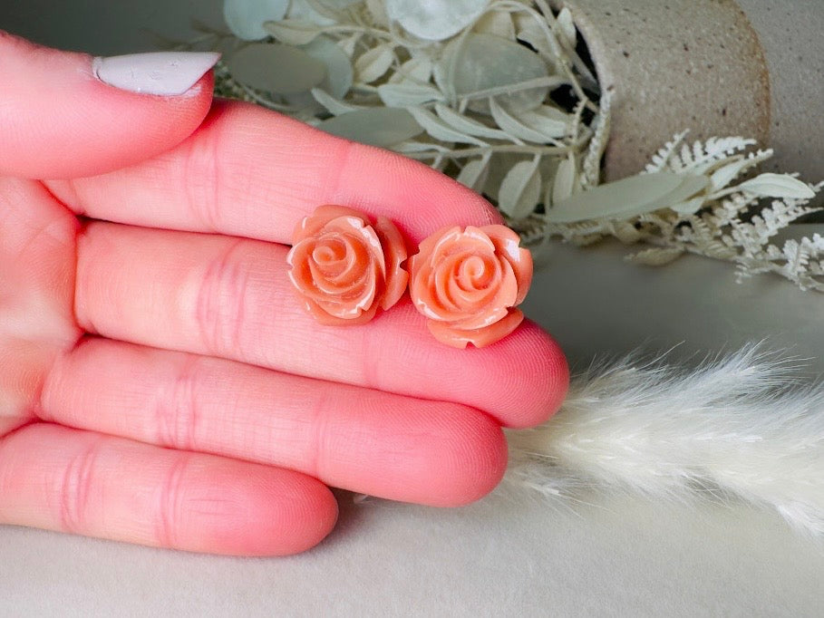 Coral Pink Rose Earrings, Large Rose Stud Earrings, Resin Cabochon Rosettes Hypoallergenic Surgical Steel Handmade Earrings Sensitive Ears