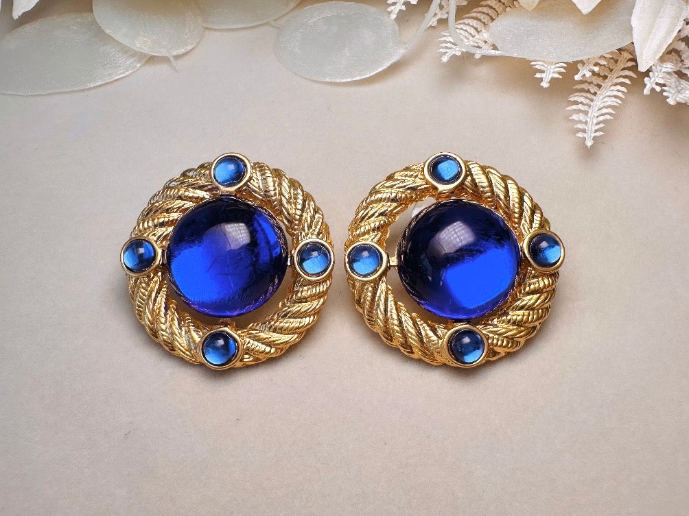Cobalt Blue Gold Rope Earrings, Vintage Park Lane Earrings with Deep Blue Glowing Cabochons