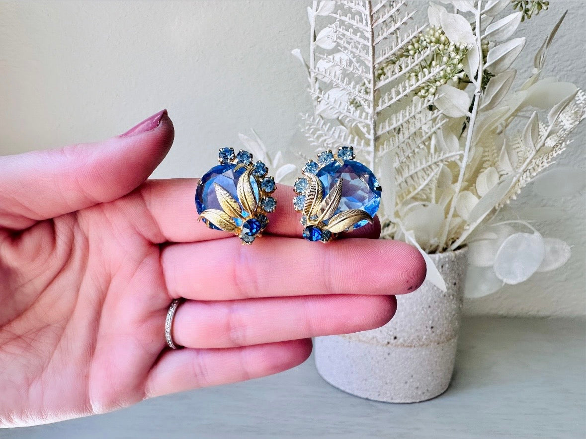 Sapphire Blue Earrings, Gorgeous Sparkling Jewel Vintage Gold Earrings  Rhinestone Clip On Earrings, Elegant 1960s Something Blue for Bride