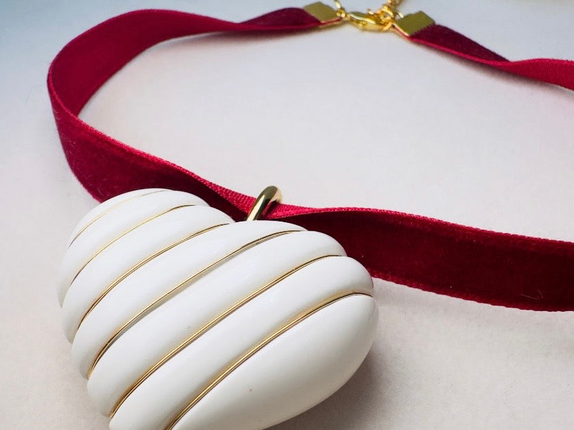 Cream and Gold Vintage Striped Puffy Heart Pendant on Cranberry Red Velvet Choker