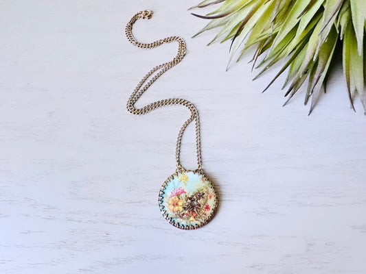 1940’s Floral Bouquet Cameo Brass Filigree Necklace, West German Flower Cameo, Darling Whimsical Pendant Necklace Blues Pink Yellows Gold