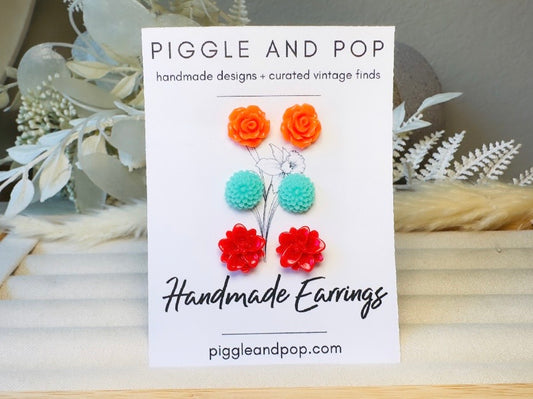 Flower Earring Stud Set in Orange, Teal and Red, Handmade Colorful Hypoallergenic Surgical Steel Post Earrings