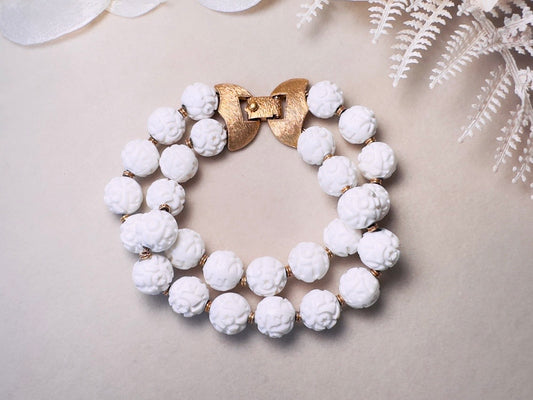 White Monet Bracelet, 1960s Carved Rose White Acrylic Beaded Double Strand Floral Bracelet