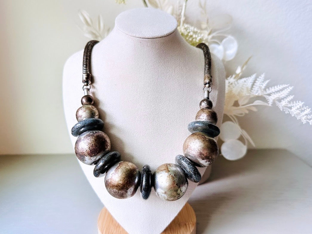 Vintage Sphere Necklace, Rustic Industrial Necklace, Black Gunmetal Pewter Silver Ball & Black Stone Necklace, Chunky Eclectic Necklace