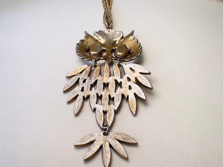 Gold Owl Pendant Necklace, Vintage 1970s Articulated Statement Necklace