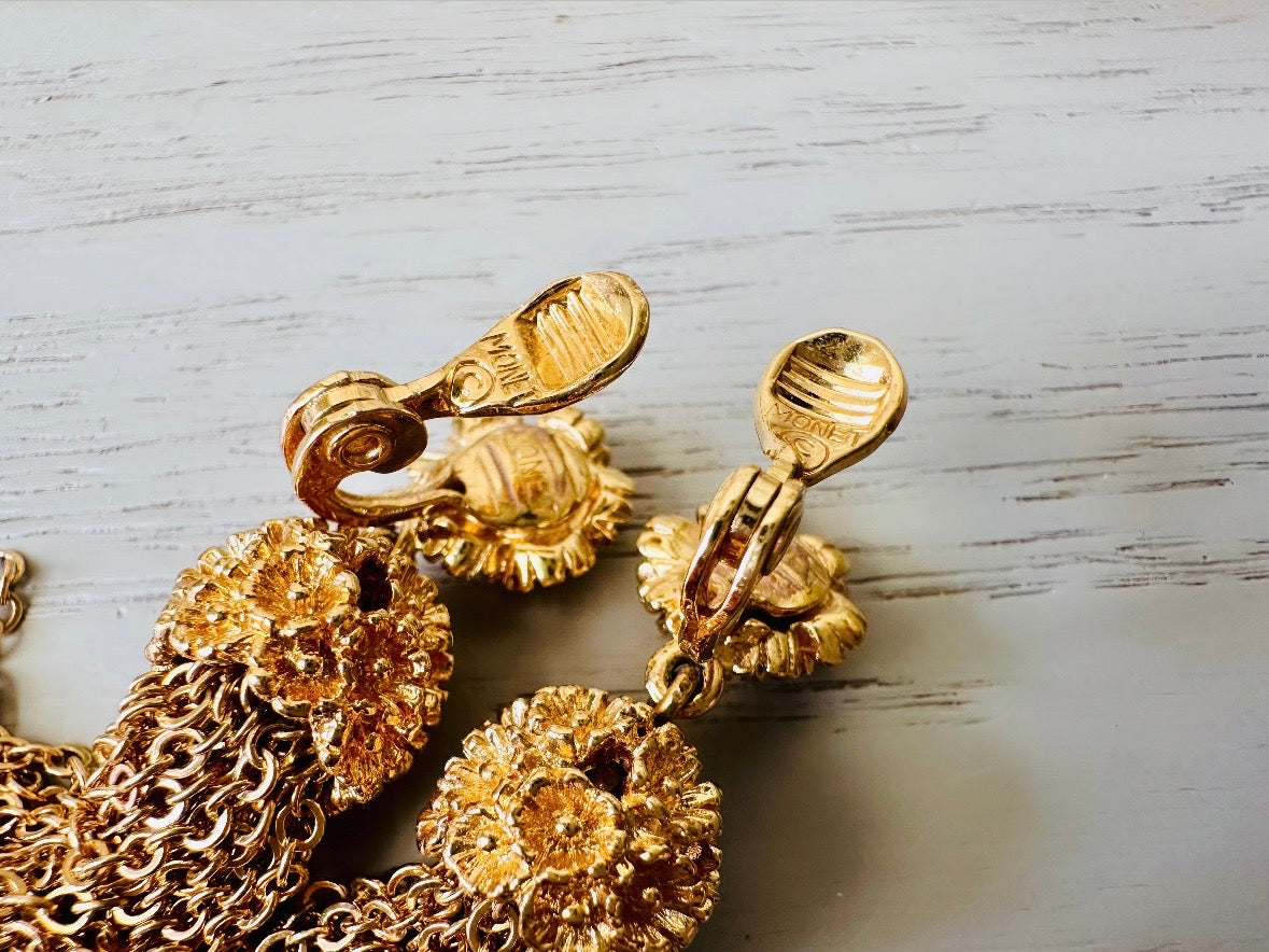 Monet Vintage Gold Tassel Earrings, 1960s Monet Clip On Earrings, Designer Vintage Golden Sculpted Daisy Earrings, 60s Glamour Earrings