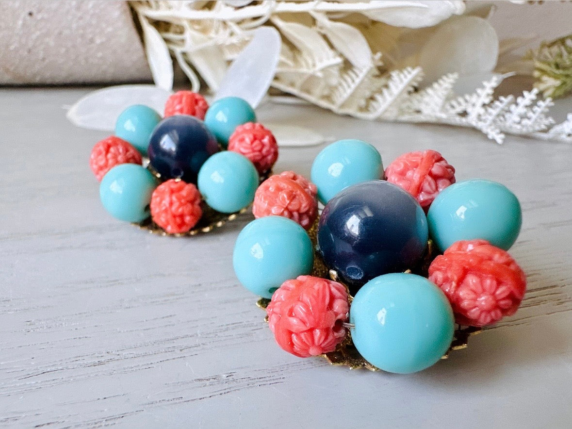 Colorful 60s Mod Earrings, Rare Signed Freirich Beaded Cluster Earrings, Coral and Turquoise Statement Earrings, 1960s Clip On Earrings