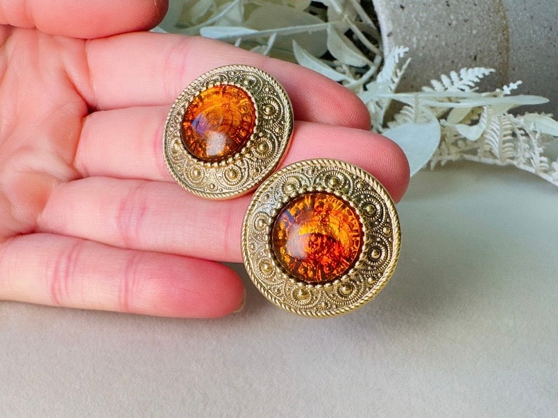 1928 Ornate Gold & Amber Resin Cabochon Vintage Statement Earrings