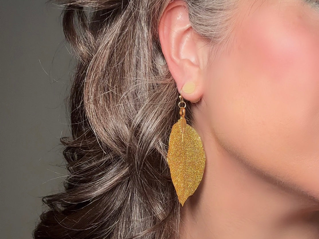 Gold Leaf Earrings, Handmade 14kt Gold Real Leaf Dangle Earrings