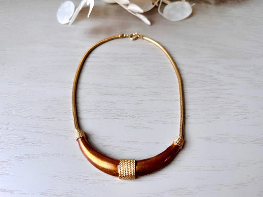 Vintage Gold Necklace with Bronzed Enamel and Rope Accents, Vintage 1970s Omega Necklace, Bronze Collar Necklace with Crescent Curved Bib