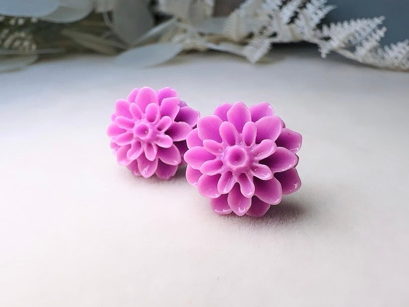 Purple Flower Earrings, Handmade Big Dahlia Resin Flower Stud Earrings