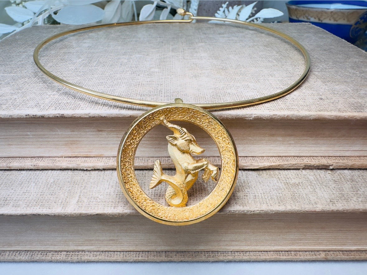 Capricorn Zodiac Necklace, Rare Signed Crown Trifari Designer Matte Gold Hoop Choker Astrology Necklace