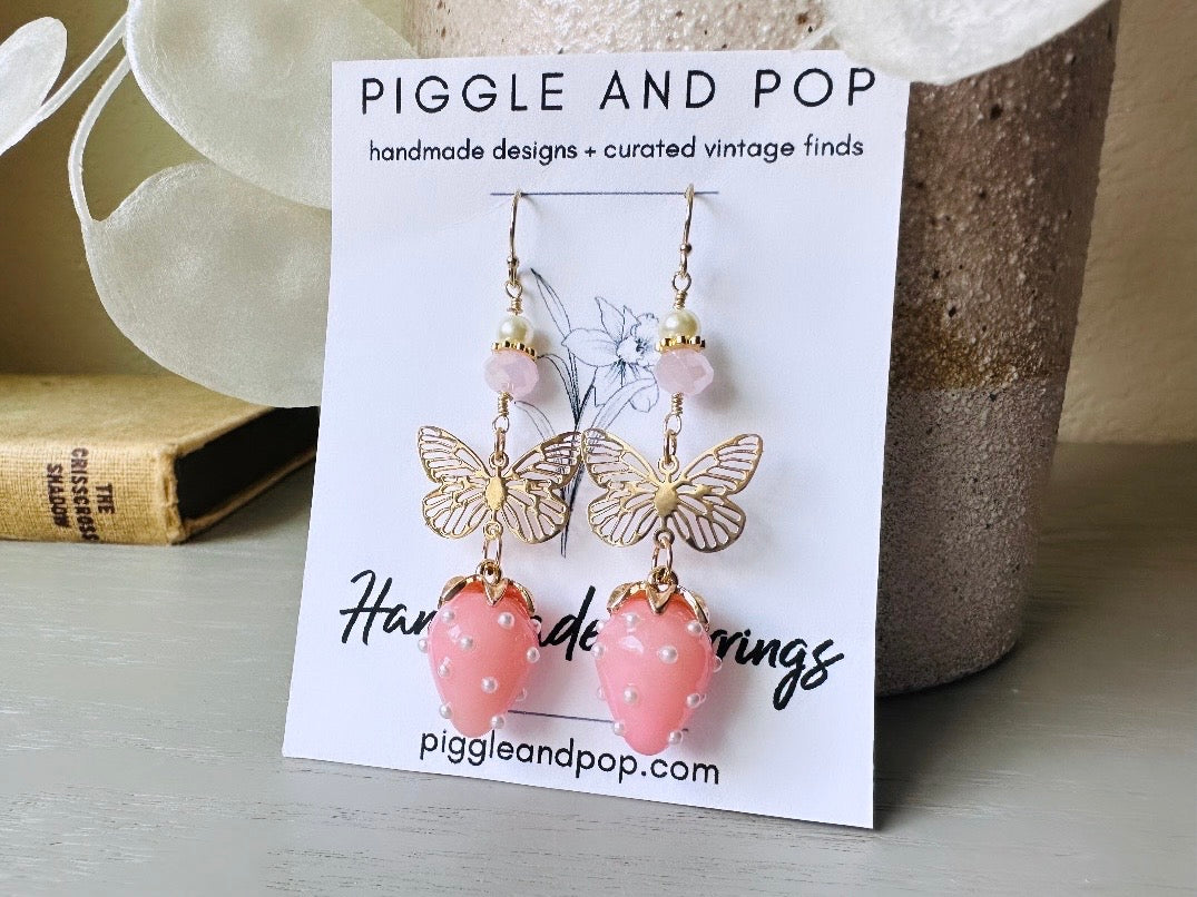 Pink Strawberry Earrings, Original Handmade 24k Gold Filigree Butterfly, Pearl and Crystal  Glass Dangle Earrings, Pretty Whimsical Earrings