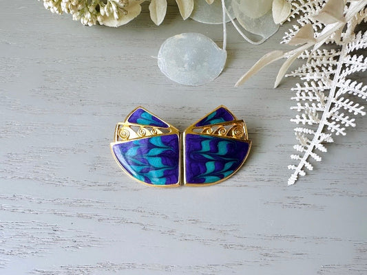 Vintage Purple Teal Gold Earrings, 1980s Pierced Post Earrings, Authentic Vintage Designer Berebi Earrings, Pearlized Enamel Geometric Lace