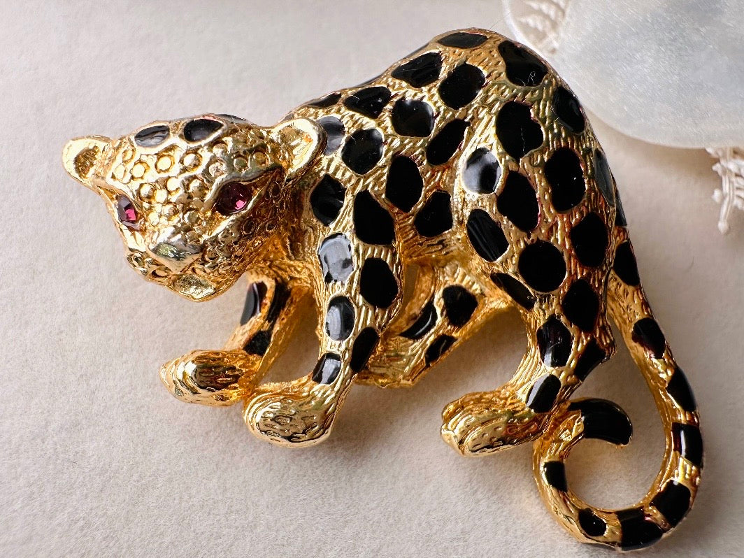 Spotted Leopard Vintage Brooch, Signed Park Lane Gold Cheetah Brooch with Black Enamel and Rhinestone Eyes, Convertible Pendant with Bail