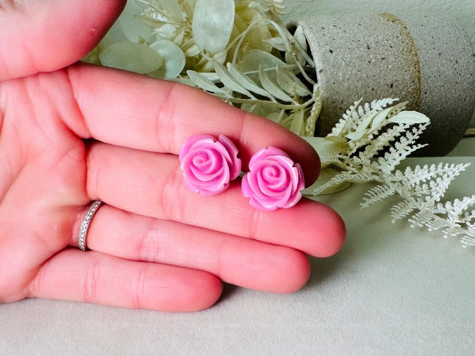 Purple Rose Stud Earrings, Lilac Purple Studs, Large Rose Earrings, Resin Cabochon Rosettes, Purple Bridesmaid Jewelry, Floral Jewelry Gifts
