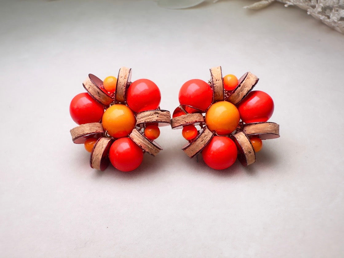Vintage Japanese Earrings, Colorful 60s Earrings in Red + Orange with Wood and Sequins, Beaded Clip On Earrings