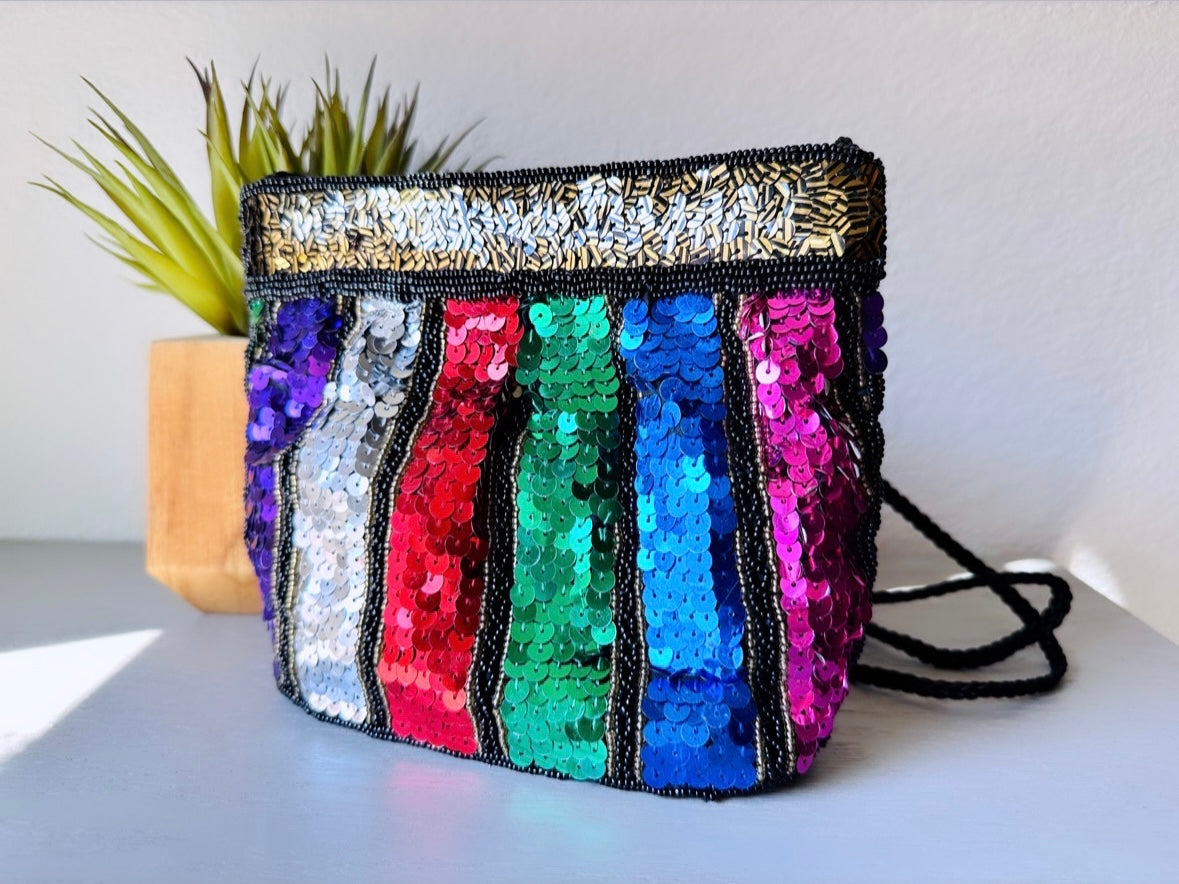 Rainbow Sequin Purse, Incredible 1980s Vintage Multicolor Sequin Beaded Handbag, Pink, Purple, Blue, Green, Gold, Silver. 80s Rainbow Clutch