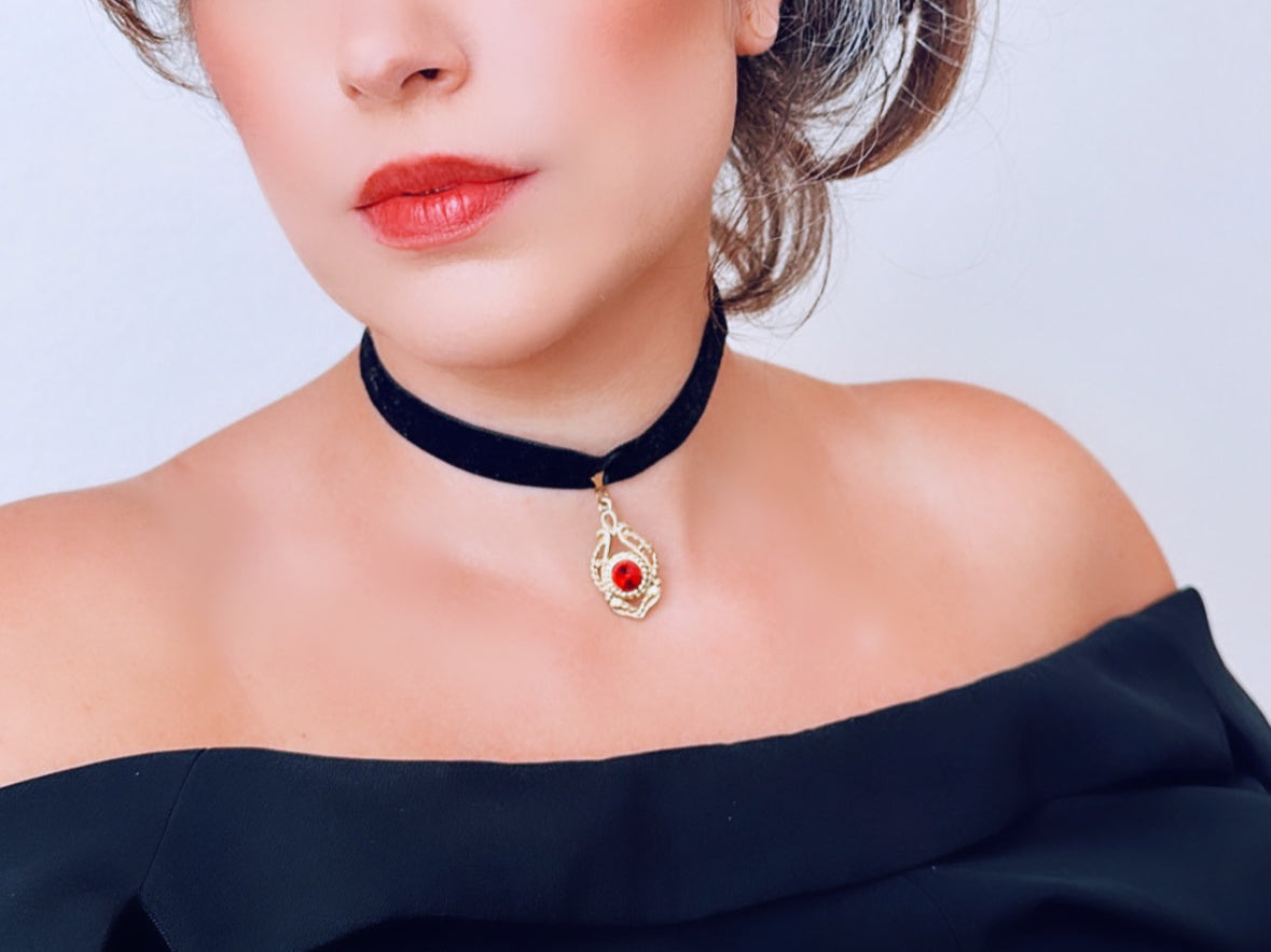 Vintage Black Velvet Choker Necklace with Gold Pendant with Red Crystal, Dramatic 1990's Choker, Victorian Revival Necklace, Black Red Gold