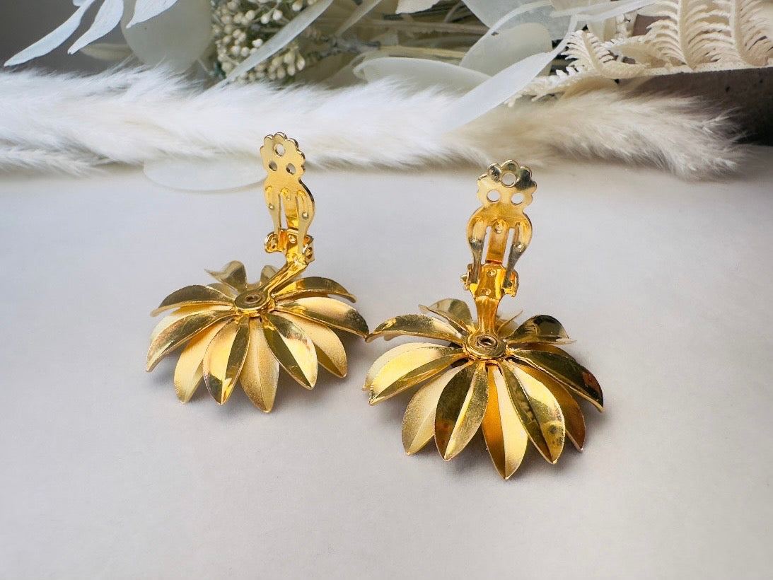 Gold Flower Earrings, Retro 60s Vintage Clip On Earrings with Rhinestones