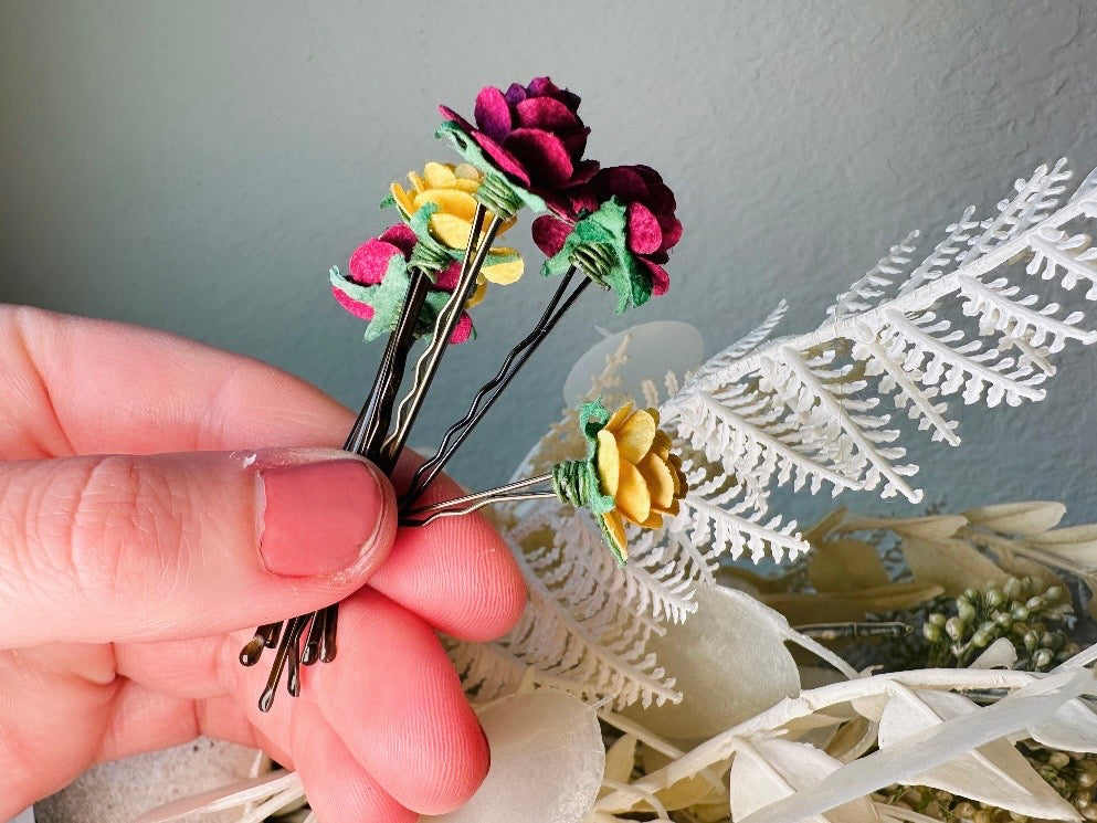 Rose Hair Pins in Marigold Yellow & Plum Wine, Paper Rose Bobby Pin, Floral Hair Accessories, Handmade Flower HairPins for Wedding Prom Hair from Piggle and Pop