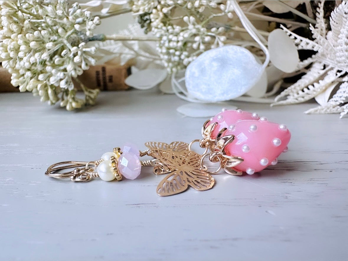 Pink Strawberry Earrings, Original Handmade 24k Gold Filigree Butterfly, Pearl and Crystal  Glass Dangle Earrings, Pretty Whimsical Earrings