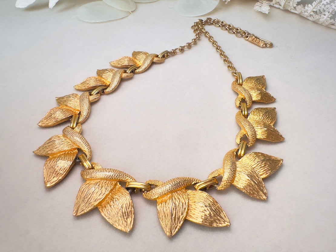 Gold Leaf Necklace, 1960s Vintage Golden Leaves Choker by Tara 5th Ave, Nature Inspired Textured Floral Choker with Adjustable Closure