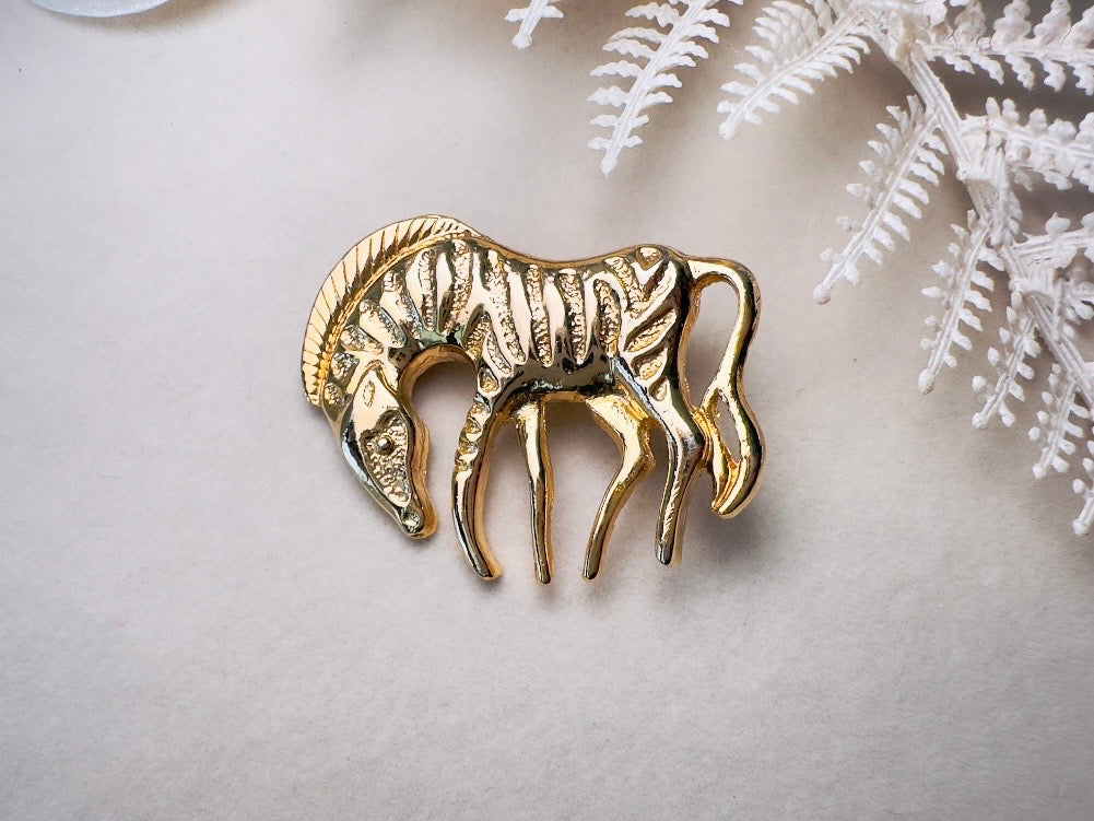 Gold Zebra Brooch Pin, Vintage Wild Zebra Pin, Fun 1980s Jewelry, 80s Gold Vintage Brooch
