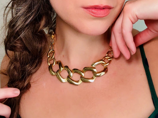 Gold Vintage Chain Necklace, Chunky Gold Chain Link Necklace with Graduated Link Size, Bold 80s Mogul Style, Authentic Vintage Jewelry