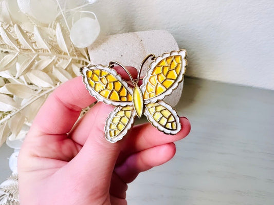 Yellow Spring Butterfly Brooch, Bright Vintage Enamel Butterfly Pin for Scarf Lapel, Beautiful Gold Lace Wing Filigree Butterfly Broach