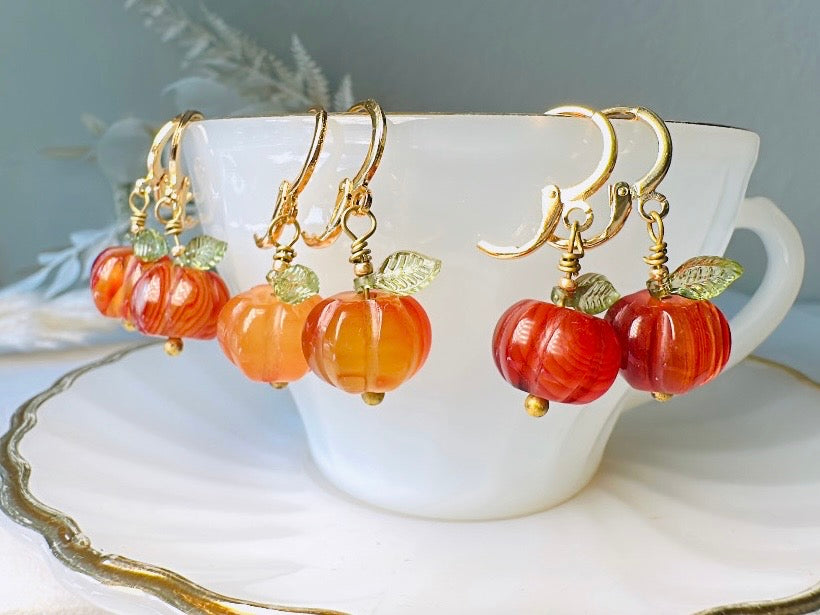 Carnelian Pumpkin Earrings, Handmade 18k Huggie Gemstone Earrings with Green Glass Leaves