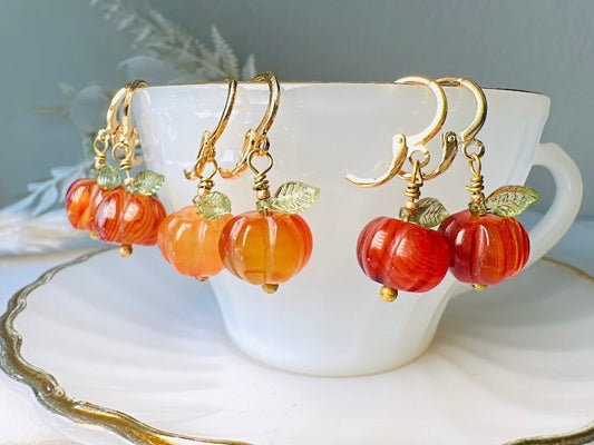 Carnelian Pumpkin Earrings, Handmade 18k Huggie Gemstone Earrings with Green Glass Leaves