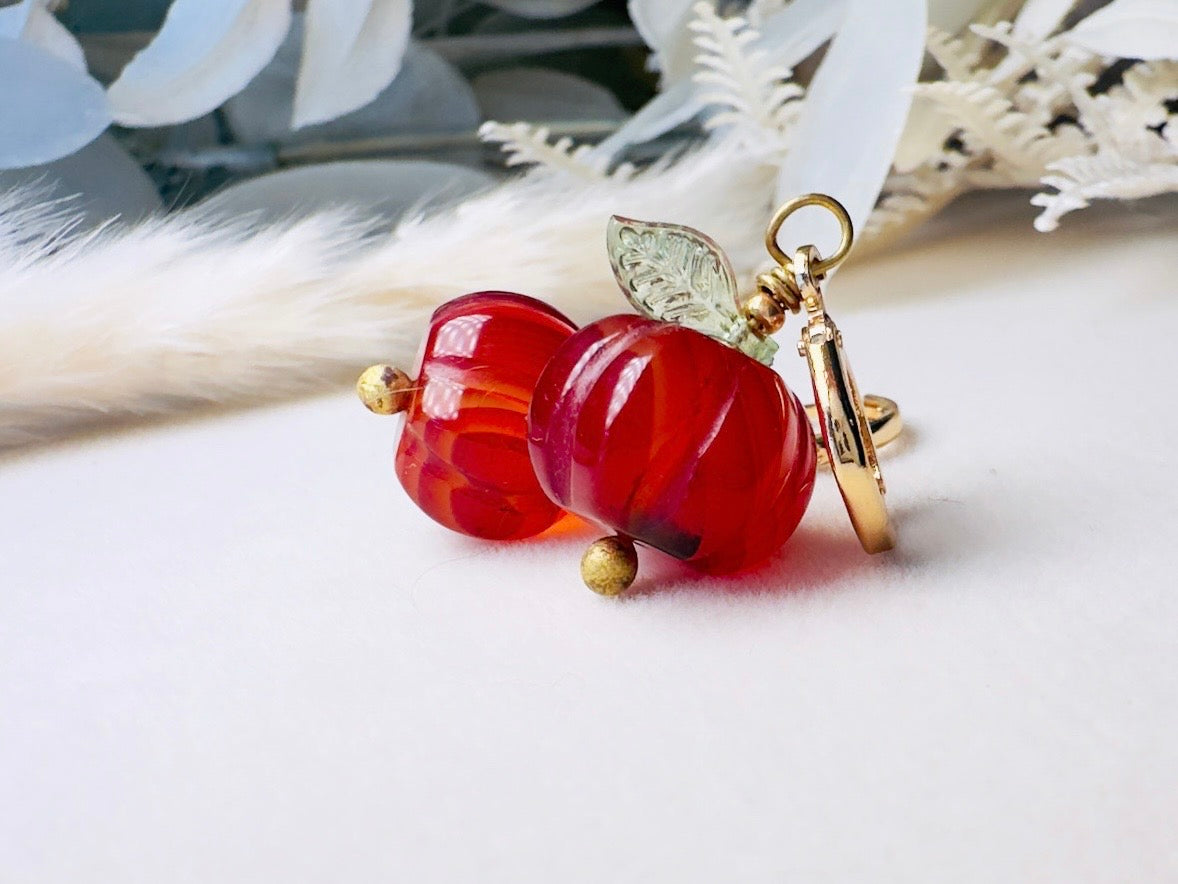 Carnelian Pumpkin Earrings, Handmade 18k Huggie Gemstone Earrings with Green Glass Leaves