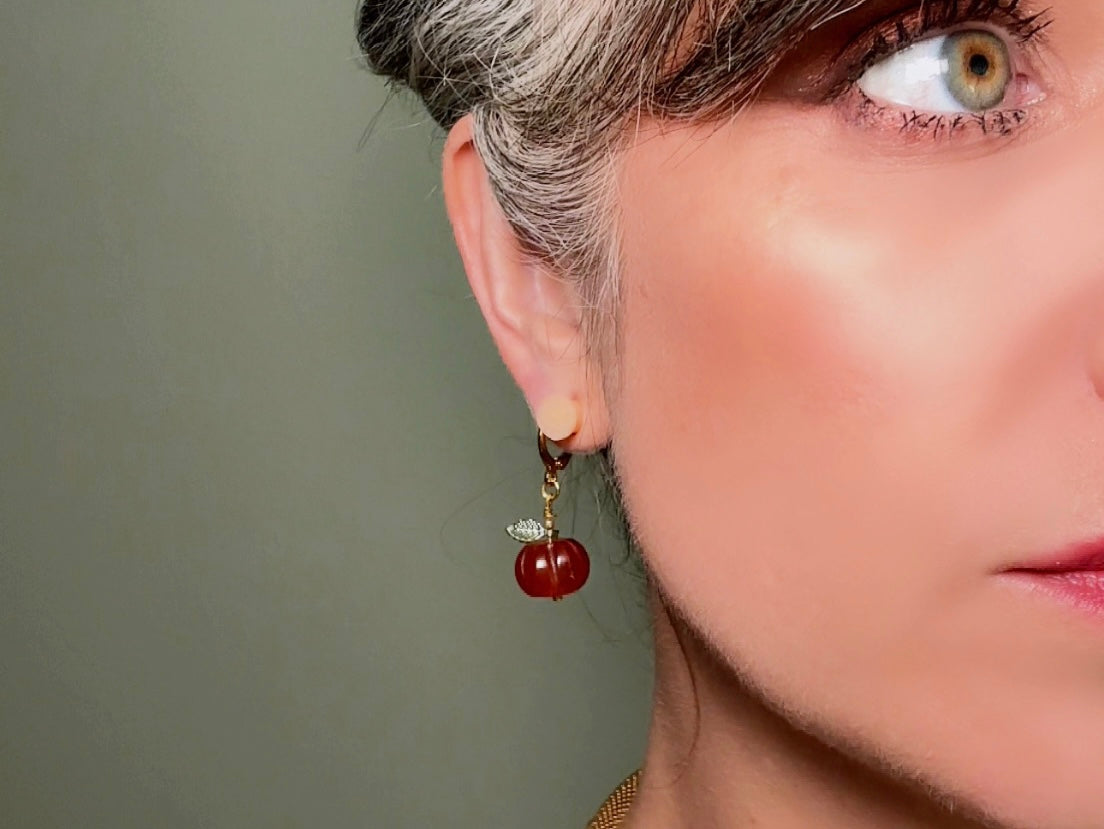 Carnelian Pumpkin Earrings, Handmade 18k Huggie Gemstone Earrings with Green Glass Leaves