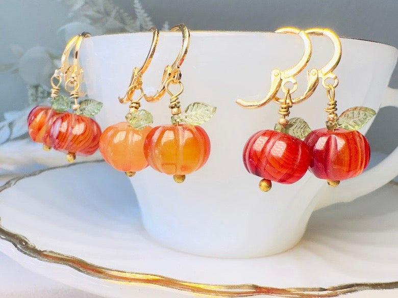 Carnelian Pumpkin Earrings, Handmade 18k Huggie Gemstone Earrings with Green Glass Leaves