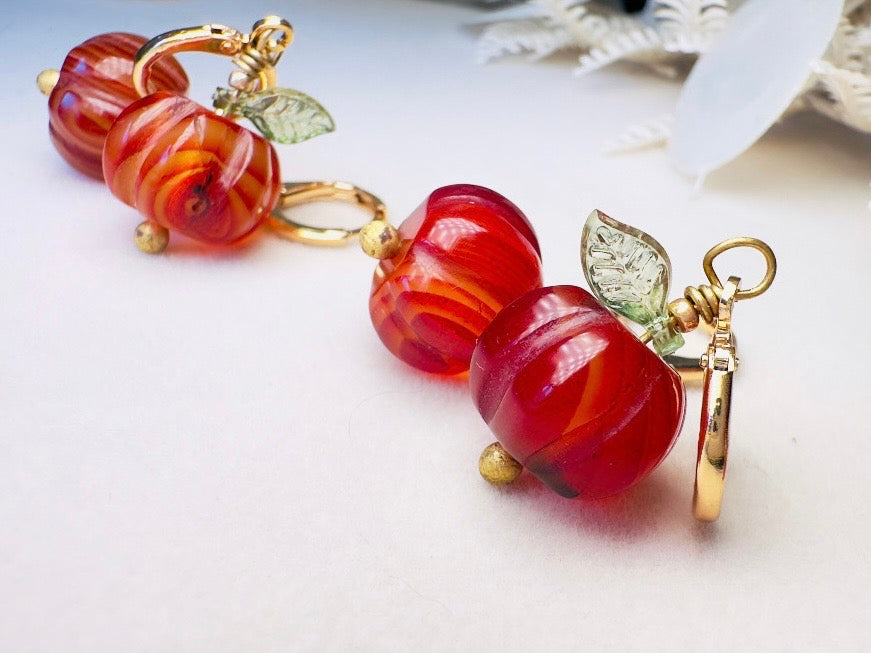 Carnelian Pumpkin Earrings, Handmade 18k Huggie Gemstone Earrings with Green Glass Leaves