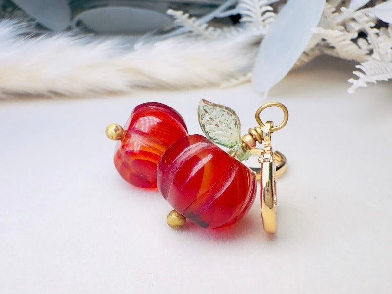 Carnelian Pumpkin Earrings, Handmade 18k Huggie Gemstone Earrings with Green Glass Leaves