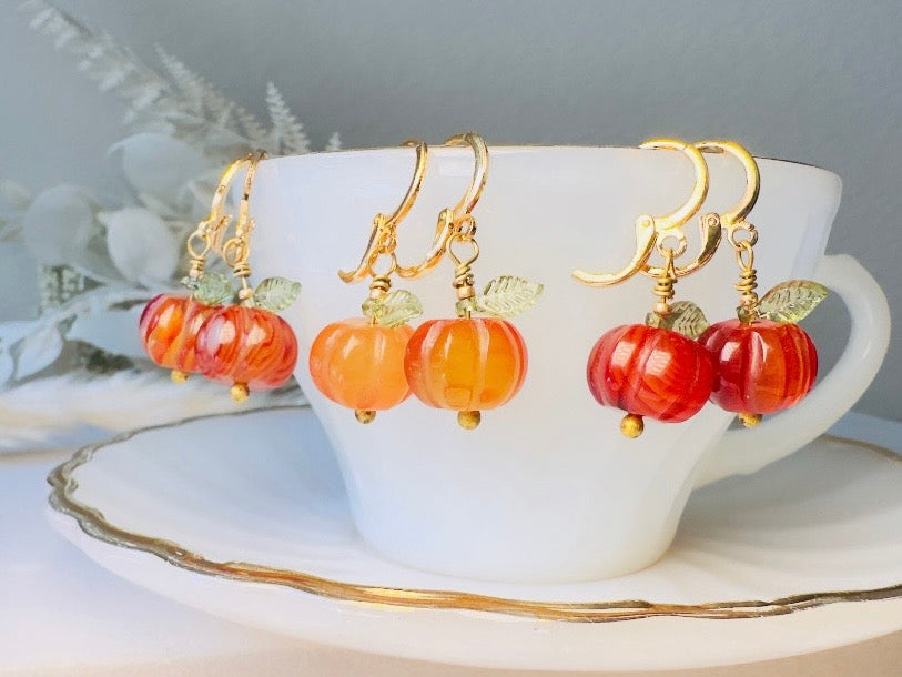 Carnelian Pumpkin Earrings, Handmade 18k Huggie Gemstone Earrings with Green Glass Leaves