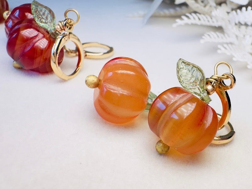 Carnelian Pumpkin Earrings, Handmade 18k Huggie Gemstone Earrings with Green Glass Leaves