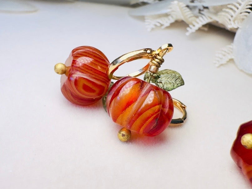 Carnelian Pumpkin Earrings, Handmade 18k Huggie Gemstone Earrings with Green Glass Leaves
