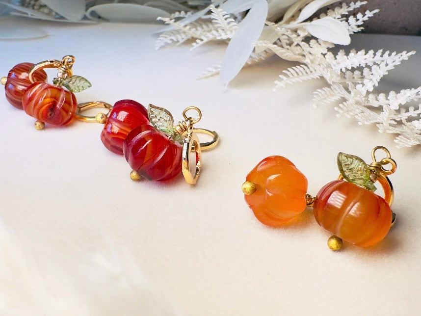 Carnelian Pumpkin Earrings, Handmade 18k Huggie Gemstone Earrings with Green Glass Leaves