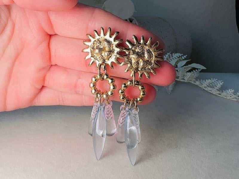 Celestial Sun Earrings, Vintage Whimsigoth Gold Charm Earrings with Pink Blue and Clear Teardrops