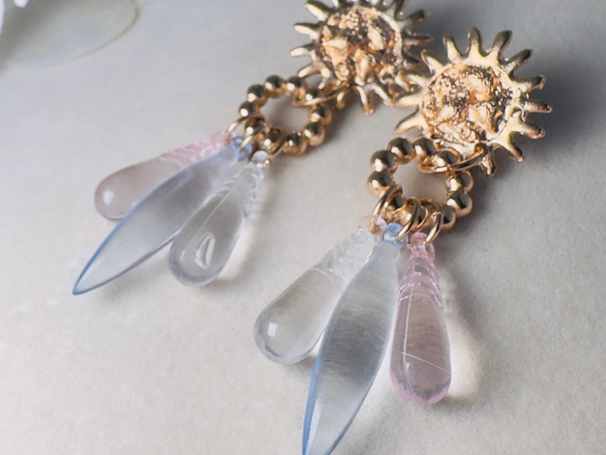 Celestial Sun Earrings, Vintage Whimsigoth Gold Charm Earrings with Pink Blue and Clear Teardrops