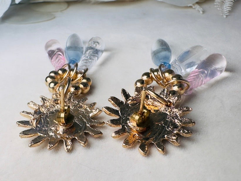 Celestial Sun Earrings, Vintage Whimsigoth Gold Charm Earrings with Pink Blue and Clear Teardrops