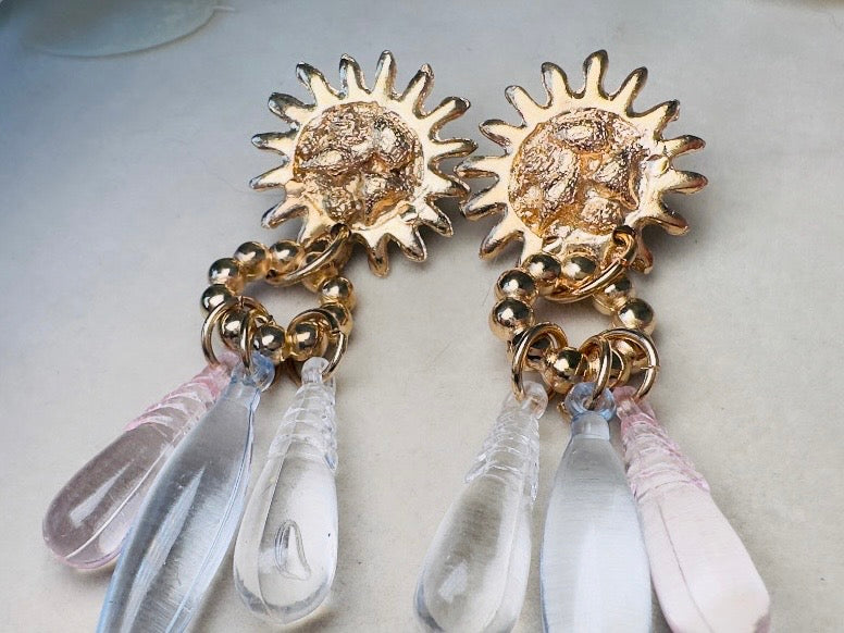 Celestial Sun Earrings, Vintage Whimsigoth Gold Charm Earrings with Pink Blue and Clear Teardrops