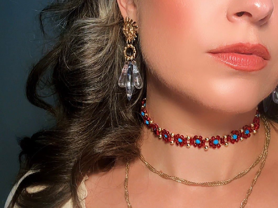Celestial Sun Earrings, Vintage Whimsigoth Gold Charm Earrings with Pink Blue and Clear Teardrops